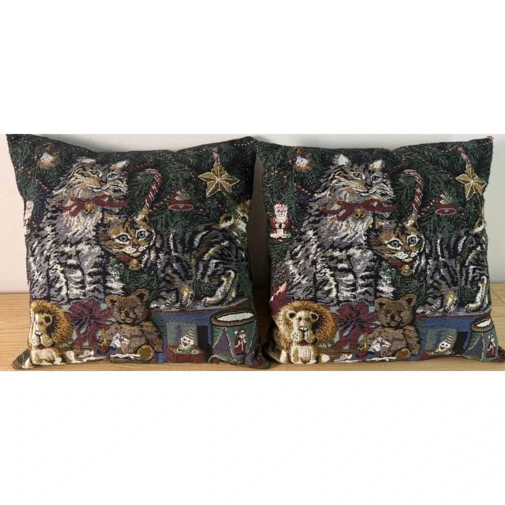 Christmas Cat Tapestry Throw Pillows Pair Woven Holiday Tree Teddy Bear Decor